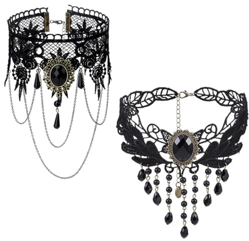 KUMSODE 2Pcs Gothic Halskette Set Schwarz Spitze Kette Damen Gotisch Choker Zubehör Vintage Halsband Victorian Schmuck für Halloween Pfingsten Maskerade Karneval Fasching