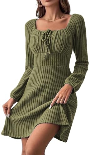 JENJON Mujer Vestido Manga Larga Túnica Minivestido de Punto Corte A Cuello Cuadrado Cintura Alta Informal Elegante Otoño e Invierno