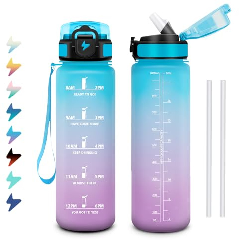 Gourde 1L, Bouteille d'eau Sport, Gourde avec Paille, Bouteille d'eau Motivation Marqueur de Temps, Étanche et Réutilisable, Facile à Nettoyer, pour Enfant, Voyage, Randonnée, Camping, Cyclisme