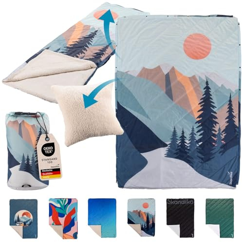 Skandika Couverture de Camping Liva | Couverture Outdoor 4 en 1, 200 x 135 cm, Plaid, Sac de Couchage, Oreiller, Dessous Fourrure synthétique ou Nylon, imperméable (Montagnes | Fourrure Teddy)