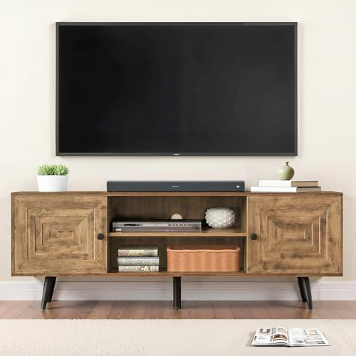 Estiliza TV-Schrank, Fernsehtisch, TV-Regal für 65 Zoll Fernseher, Lowboard mit offenen Regalen und 2 Türen, Rustikale Eiche