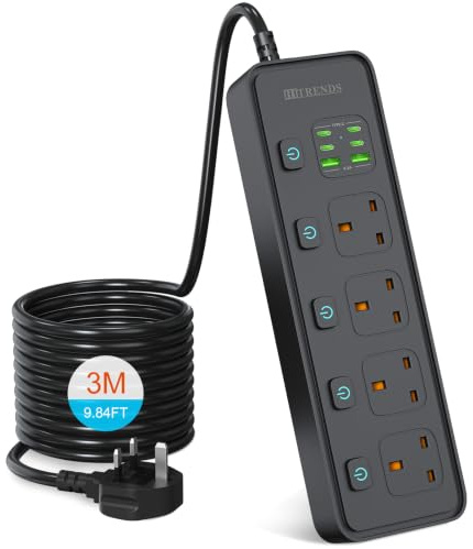 4 Way Gang Extension Lead with USB Slots, UK Plug 3 Pin Socket Outlet, 10-in-1 Surge Protector Plug Extension Socket with Individual Switches, Power Strip with Extension Cable 3M, Black