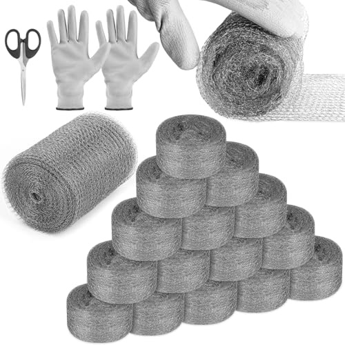 Steel Wool Mice Control, 12 Pcs 3.2 x120 FT Steel Wool #1 & 1 Pcs 5 x30 FT Stainless Mesh Gap Filler, Mouse Hole Filler DIY Kit, Rodent Barrier Kit for House Garden Pipeline, Polishing Chrome, Glass