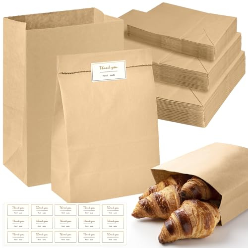Yurifaz 60 Stück Kraftpapiertüten Braun mit Aufkleber, Geschenktüten Kraftpapiertüten 20x12.5x30cm, 15x9x27cm, 12x7x21cm, 3 Größen Braune Papiertüten mit Blockboden, Kraftpapier Tüten zum befüllen