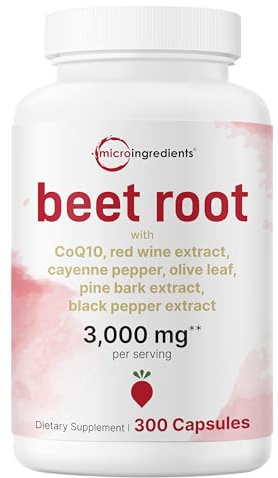 Micro Ingredients Beet Root Capsules 3,000 mg** Per Serving, 300 Capsules, 100-Day Supply | 7-in-1 Beet Root Complex with CoQ10 as Ubiquinone, Black Pepper Extract & Botanical Extracts | Non-GMO