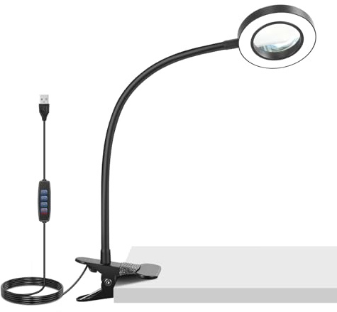NEEWER ENTRY LEVEL VERSION 10X Magnifying Glass with Light/Clamp Stand, 3.7 Bi Color Dimmable Magnifier Lamp Clip on Small LED Ring Light, 3 CRI80+ for Desk Crafting Reading Close up Work, N34