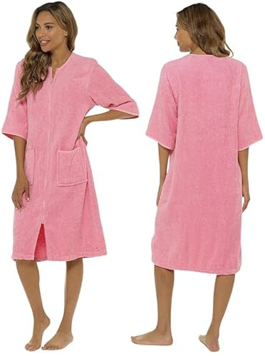 Stylo Online Ladies Cotton Bathrobe – 100% Terry Towelling Zip-Up Dressing Gown, Soft Absorbent Spa Robe for Women- Pink 16/18