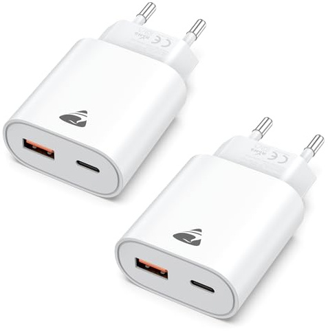 USB C Ladegerät, 2er Pack 20W Schnellladegerät mit 2-Fach USB Stecker (USB-C & USB-A), Handy Ladegerät mit PD 3.0 Power Adapter USB Netzteil für iPhone Samsung, Fast TypC Charger Mehrfach Ladestecker