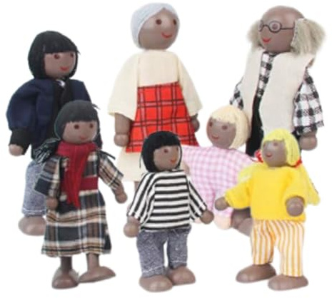 Latemeia Dollhouse People 7PCS Dress-Up Family Dollhouse Dolls Cute Small Wood Dolls Figures Include Grandpa, Grandma, Mom, Dad, Boy and Girl Style 2, Wooden