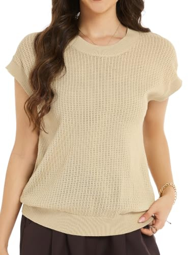 Tee Shirt Femme Tricot Blouse Pull Chemise Haut Top Léger Col Rond Manches Courtes Laine Coton Chemisier Casual Vintage Chic Élégant