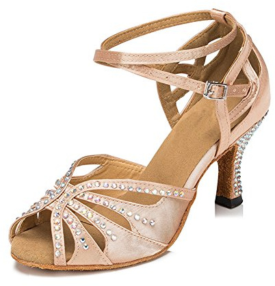 Women Rhinestone Ballroom Latin Salsa Performance Dance Shoes (8, Nude-2.5inch Heels)