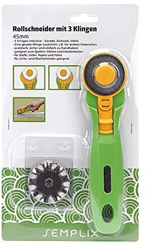 SEMPLIX Rollschneider Maxi 45 mm: Zusätzlich 3 Klingen, Gerade/Zickzack/Welle, mit Schutzmechanismus, zum Nähen und Handarbeiten, für Stoffe/Leder/Papier