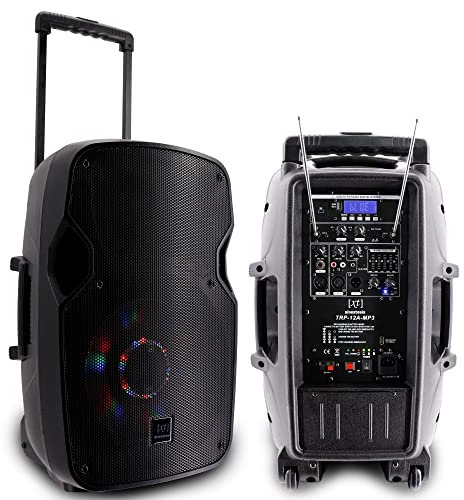 Diffusore Trolley Attivo Cassa Portatile Ricaricabile MP3, BlueTooth, USB, SD Card, Radio FM, 400W musicali (LF 12 + HF 1) con 2 Radiomicrofoni e illuminazione LED