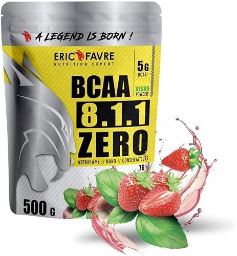 BCAA POUDRE 8.1.1 Zero - Acides Aminés Musculation Vegan - Votre Allié Pour Des Entraînements Efficaces - Performance Accentuée - 500g - Saveur Fraise/Basilic - Eric Favre