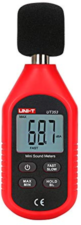 UNI-T UT353 Dezibel-Messgerät, digitales Schallpegelmessgerät, 30–130 dB, Audio-Geräusch-Lautstärkenmessgerät, max/min, schnell/langsam, Datenspeicherung, LCD-Hintergrundbeleuchtung, automatische