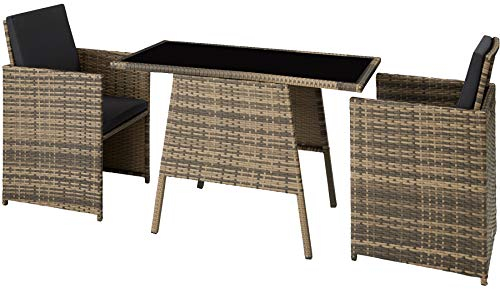 tectake® Poly Rattan Sitzgruppe für 2 Personen, Outdoor Möbel platzsparend zusammenschiebbar, 2 Sessel & 1 Tisch, ideales Balkon Lounge Set, Gartenmöbel, Terrassenmöbel wetterfest - Natur