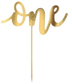 PartyDeco Födelsedagstårta topper – topper 1. Födelsedagsfest med texten One i guld – guld höjd ca 19 tårtdekoration cupcake för födelsedag årsdag rund födelsedag