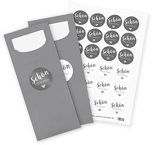 itenga 24x Bestecktaschen GRAU Schön dass du da bist grau Pochetten inkl. Serviette und Sticker Aufkleber Tischdeko Einweggeschirr