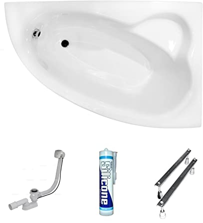 ECOLAM® Badewanne Eckbadewanne Eckwanne Acryl Natalia weiß 150x100 cm RECHTS + Ablaufgarnitur Ab- und Überlauf Automatik Füße Silikon Set