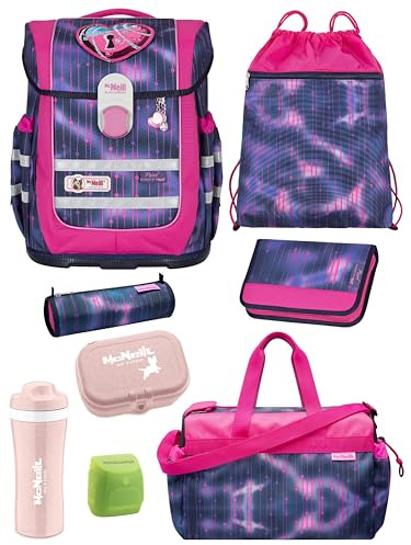 Familando - McNeill Ergo Complete Schulranzen Set - 9-teilig mit Sporttasche - Pearl mit Herz Schloss - Ergonomisch & 3-Fach verstellbar - 1150g leicht mit 20L Volumen & Reflektoren - ab 1. Klasse