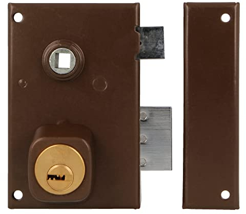 Amig - Rechts Überfüllschloss mit Hebel, Zunge und Quadrat für Holztüren Mod. 75N | 72 x 112 mm | Sicherheits-Rundzylinder | Brauner Stahl