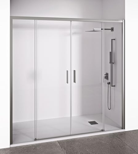 Mampara de ducha frontal 2 hojas correderas + 2 fijos sin perfilería inferior - Transparente - Cristal templado 6 mm Antical - Perfilería Plata Brillo - Ancho adaptable 185-190 cm - Alto 195 cm - EIRE