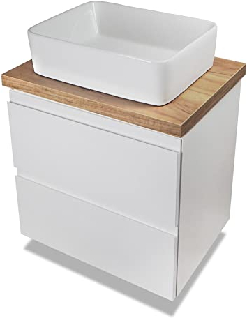VBChome Badmöbel 50x40 cm Weiß Aufsatzwaschbecken ohne Hahnloch 48x37 cm Aufsatzwaschtisch Waschbeckenunterschrank mit Arbeitsplatte 2 Schubladen Moduo Badezimmerschrank