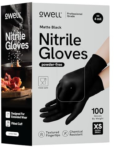 OWELL® Black Nitrile Disposable Gloves – X-SMALL - 100 ct | 4 Mil, Food Safe Certified, Powder-Free, Latex-Free, Medical Exam