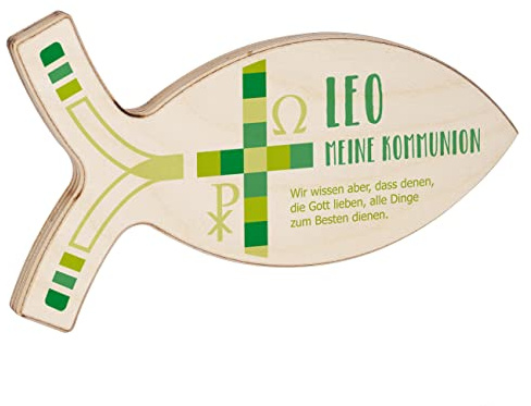 Striefchen® Personalisierter Deko-Fisch aus Holz für Taufe, Kommunion und andere Anlässe 19,5 cm x 11 cm x 1 cm (B/H/T) Kommunion Grün