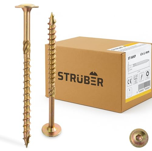 STRÜBER Vis à bois de charpente à tête plate à empreinte TX pour constructions en bois (8x140 mm / 50 pièces / TX40) - Vis de construction de toit - Vis à chevrons jaunes - Bit Torx inclus