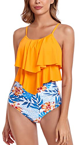 FLYILY Tankini, baddräkt för kvinnor, hög midja, topp med dubbla volanger, 2-delad baddräkt, badkläder, M
