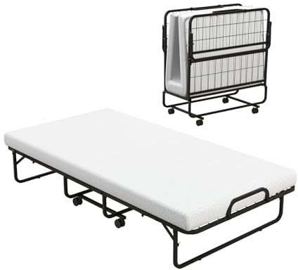 GOPLUS Gästebett klappbar 96×190cm, Klappbett mit Matratze aus Schaumstoff, Metallrahmen, Universalrollen, Einzelbett klappbar für Gästezimmer, Büro & Wohnzimmer (96×190cm)