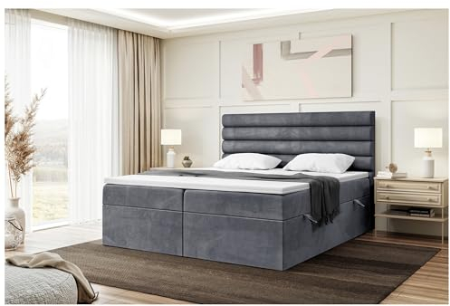 MEBLINI Boxspringbett mit Bettkasten - 140x200 - Gepolstert Doppelbett mit Matratze und Topper - Polsterbett mit Stauraum - Bett mit Kopfteil - Stauraumbett - Karim - H3/Dunkelgrau Samt