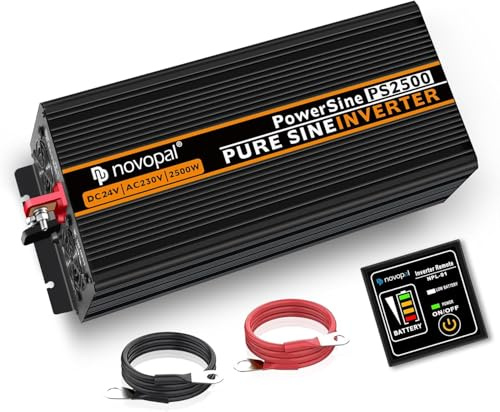 Novopal Power Inverter Onda Sinusoidale Pura 2500W 5000W Trasformatore di Potenza Convertitore,DC 24V in AC 220V 230V Invertitore di Tensione,2 EU Presa con Uscita USB,5M di Telecomando