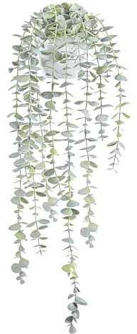 BACAMA Decorative Hanging Plants for Shelf, Faux Ivy Eucalyptus Vine, Fake Greenery in White Bigger Pot (Light Green, 1PCS)
