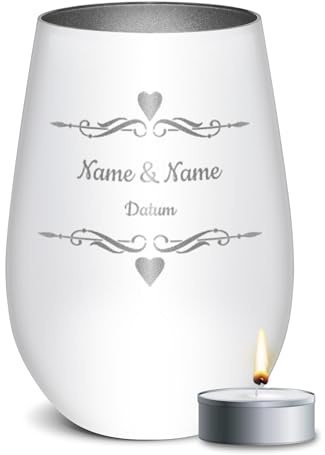 PR Print Royal Weißes Windlicht mit Gravur - Herz - mit Namen & Datum - Hochzeitsgeschenk, Geschenke zum Jahrestag, Valentinstag, Geburtstag | inkl. Teelicht, 450 ml, Innen Silber