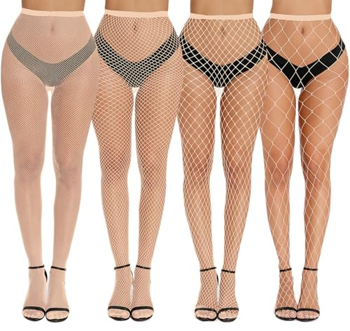 Nude Fishnet Tights for Women - 4Pcs Skin Coloured High Waist Stockings, One Size Suspender Pantyhose
