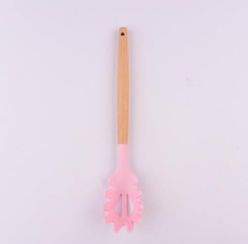 Nudelgabel mit Holzgriff, 31,5 cm, Silikon, Spaghetti-Gabel, Lebensmittelqualität, BPA-frei, Spaghetti-Löffel, Sieb und Servierlöffel (Rosa)