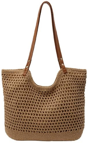 Strandtasche Strohtasche Tote Bag Für Damen, Sommer Stroh Handtasche Umhängetasche Korbtasche Groß Schultertasche Tragetasche, Boho Gehäkelte Shopper Tasche Für Reisen Einkaufen Urlaub(Stil C)