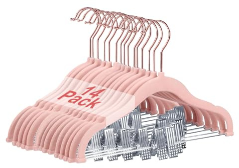 Wellong Baby Clothes Hangers with Clips, 14 Packs Kids Clothes Hangers, Heavy-Duty Childrens Hangers, Clothing Hangers for Shirts, Pants, Skirts, Dresses, Jackets, Coat Pink - Rose Gold Hook