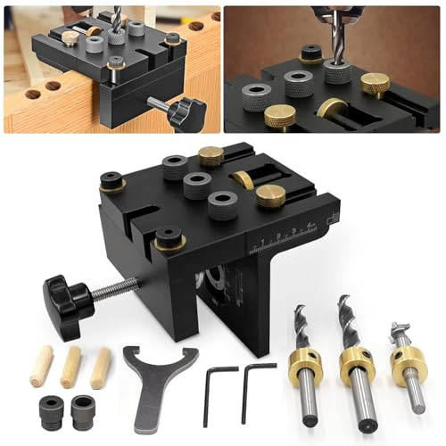 Ovshnrr 3-In-1 Doweling Jig Kit 6/8/10/15mm Pocket Hole Jig Kit Bohrer-Kit für die Holzbearbeitung Taschenloch Jig Kit Werkzeug