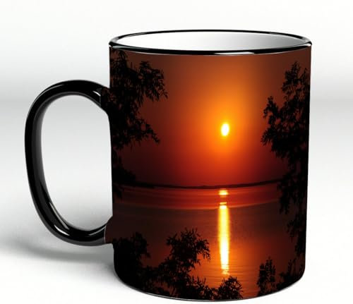 YOIUE Tasse aus Keramik - Große 11oz Tassen 330ml Kaffeetassen mit Henkel, 100% Handbemalt - Trinkgläser mit Griff - Weiß,Sonnenaufgang über dem Wasser eines Sees mit Pfadreflexion auf der Wasserober