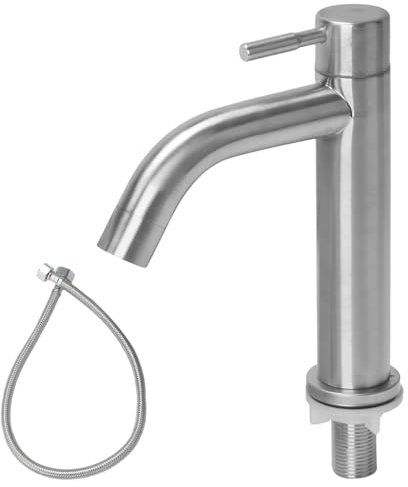 Minnhua Rubinetto Solo Acqua Fredda Acciaio Inossidabile, Rubinetto per Acqua Fredda con Tubo Flessibile, Miscelatore Lavabo Bagno, Rubinetto Bagno Lavabo per Bagno, Toilette, Cucina (Uscita Curva)