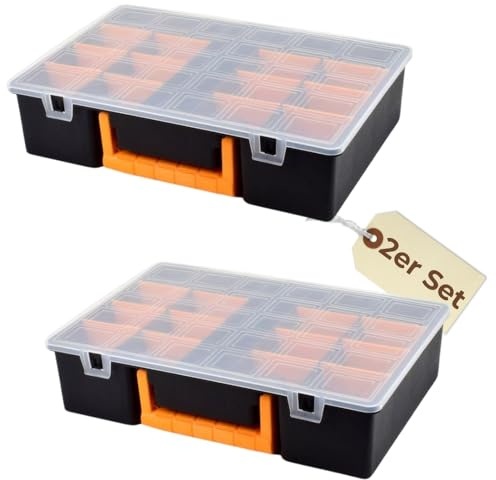 GarPet 2er Set Sortimentskasten 17 Fach mit Tragegriff Sortierkasten für Kleinteile Organizer Schrauben Sortierbox Kleinteilemagazin Sortimentsboxen
