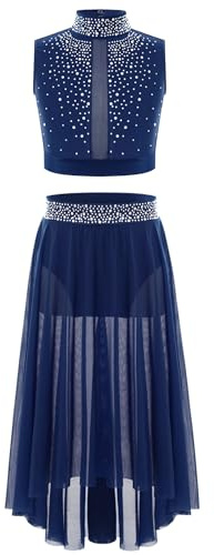 Manyakai Traje de Baile Lírico y Contemporánea para Niñas de Pedrería Brillante Crop Top y Falda Largo de Gasa Flotante Traje de Gimnasia Rítmica Competición 5-16 Años Azul Marino 13-14 años