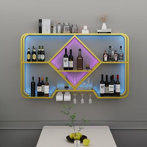 XUHONGYA Moderner Stil Wandhalterung for Wein - 3 Ebenen, Schwimmbar - Alkoholregale mit Glashalter und LED - Lichtern, zur Dekoration der Küchenbar(Gold,55x28x8)