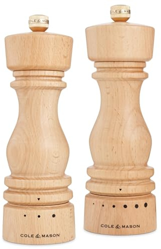 Cole & Mason London Salt and Pepper Grinder Set with Premium Grind Select | Manual Wood Salt and Pepper Mill Set 6 Grind Settings For Pepper 3 For Salt, Gift Box, Ideal For Seasoning, Kitchen, Cooking