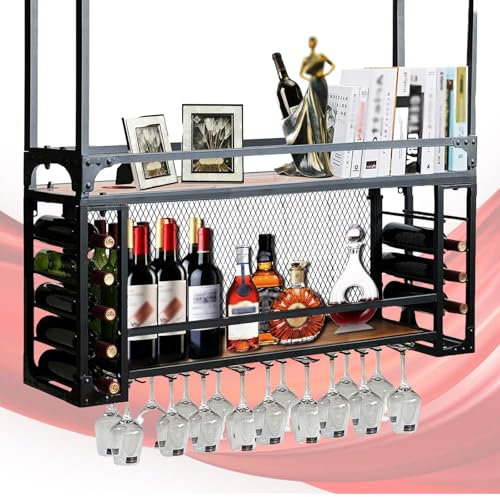 Soporte para botellas de vino y copas de vino negro – Almacenamiento colgante para armario, hogar y restaurante, 125 x 30 x 50 cm, diseño elegante para ahorrar espacio