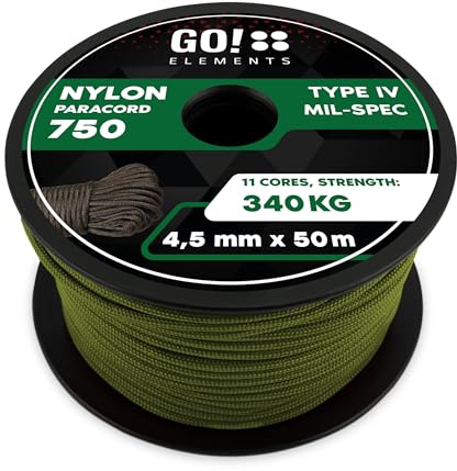 GO!elements Paracord 750 Tipo IV | Cuerda de Nylon 100% Resistente y Extremadamente Estable | ø 4,5 mm - 11 núcleos - MAX. 340 KG | Cuerda Multifuncional y reepsnoer para Supervivencia, Camping