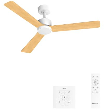 CREATE / WIND MODERN M/Ventilateur de plafond avec lumière blanc bois clair avec contrôleur mural et télécommande / 40W, Lumière LED 3 températures, Ø132 cm, 6 vitesses, fonction été-hiver.